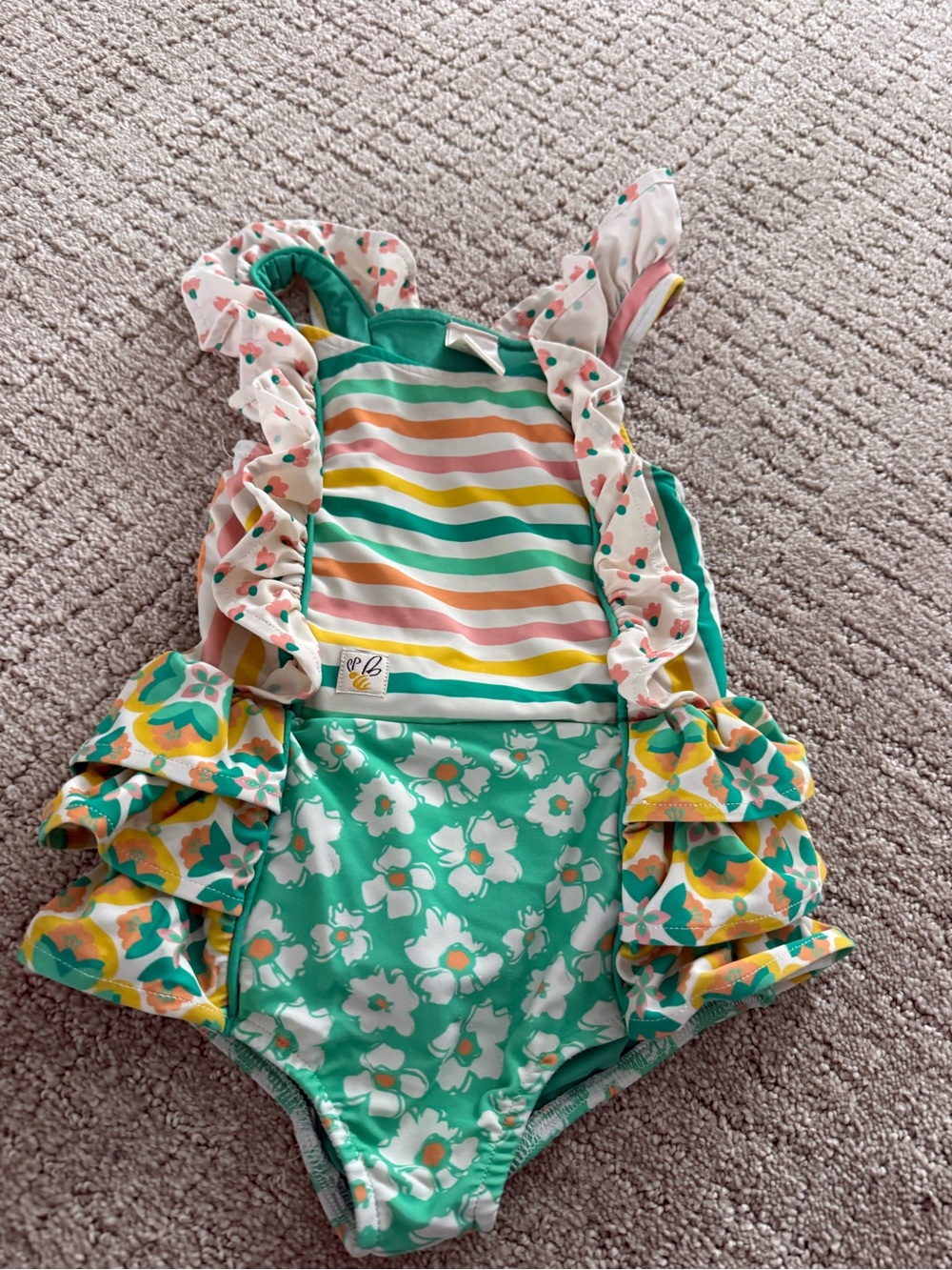 Wildflowers Green Floral & Pastel Stripe Ruffle Swimsuit